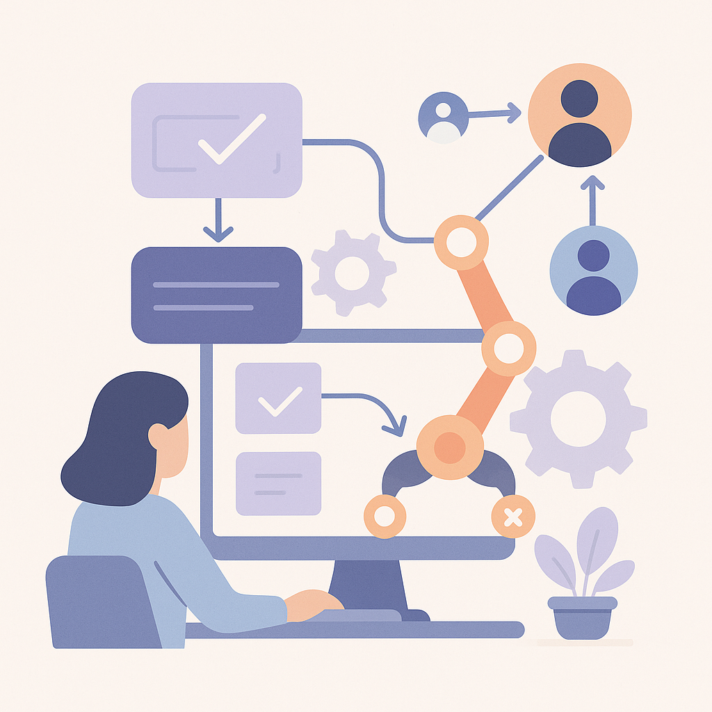 illustration flat design représentant une femme pilotant un projet via un écran connecté à des flux automatisés, icônes de tâches, membres d’équipe et engrenages symbolisant la coordination par n8n
