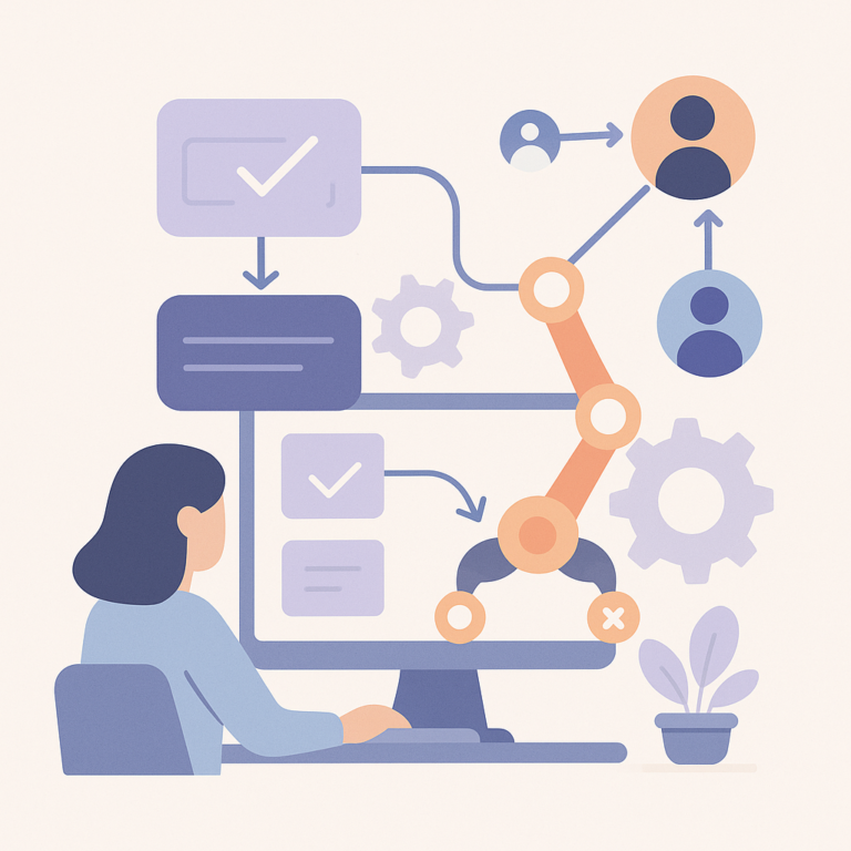 illustration flat design représentant une femme pilotant un projet via un écran connecté à des flux automatisés, icônes de tâches, membres d’équipe et engrenages symbolisant la coordination par n8n