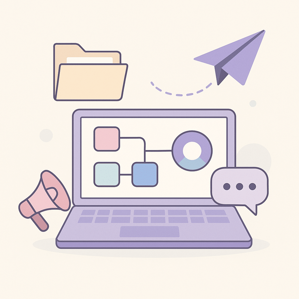 Illustration vectorielle en flat design d’un ordinateur portable affichant un organigramme, entouré d’icônes représentant un dossier, un mégaphone, une bulle de dialogue et un avion en papier, sur fond clair.