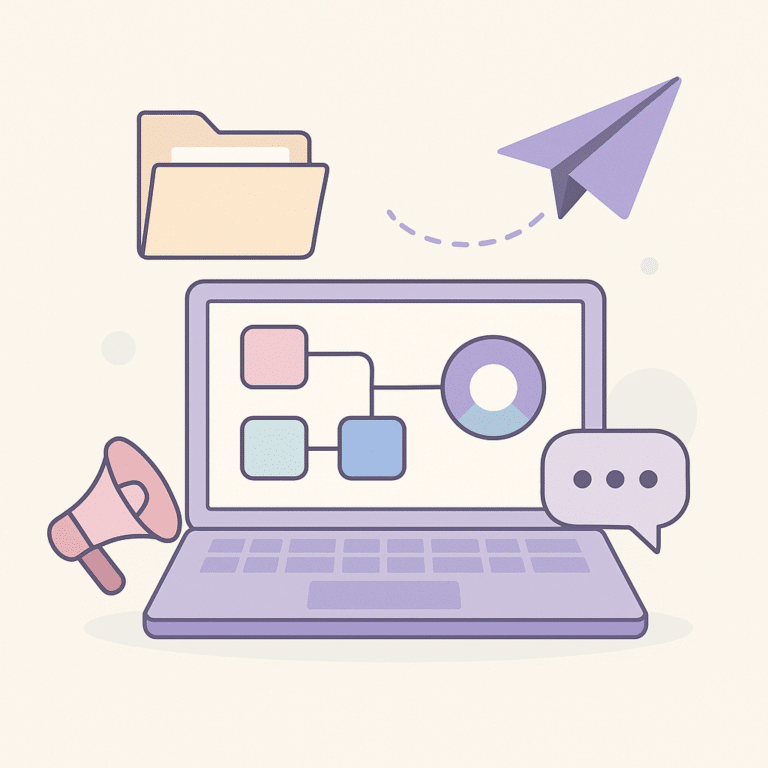 Illustration vectorielle en flat design d’un ordinateur portable affichant un organigramme, entouré d’icônes représentant un dossier, un mégaphone, une bulle de dialogue et un avion en papier, sur fond clair.