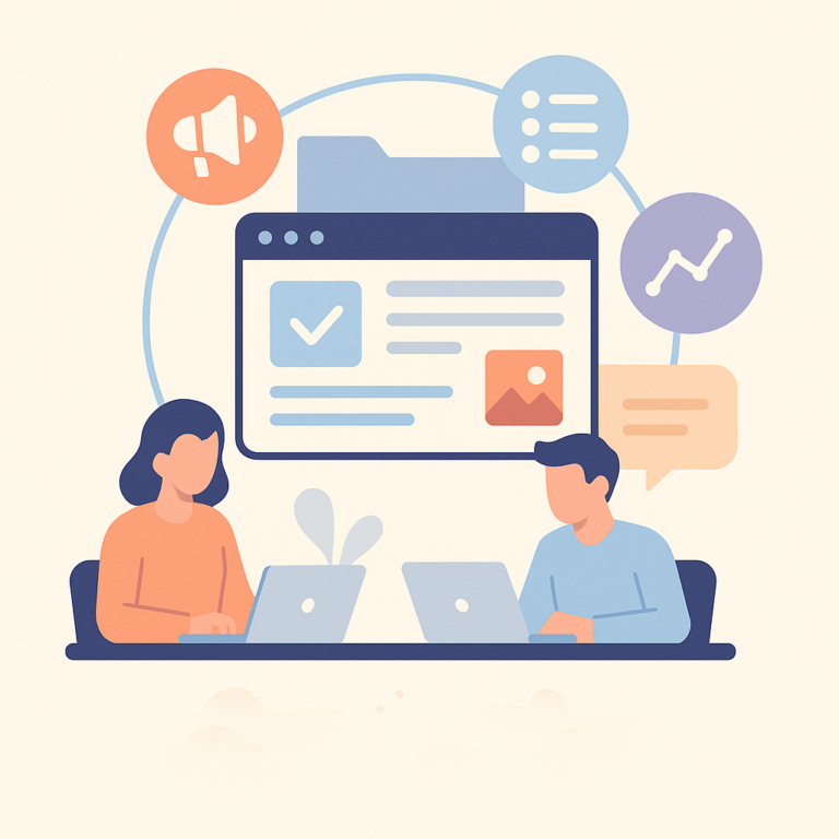 Illustration vectorielle en flat design représentant deux personnes travaillant sur des ordinateurs portables, avec des icônes de marketing connectées à un espace de travail centralisé sur fond clair.