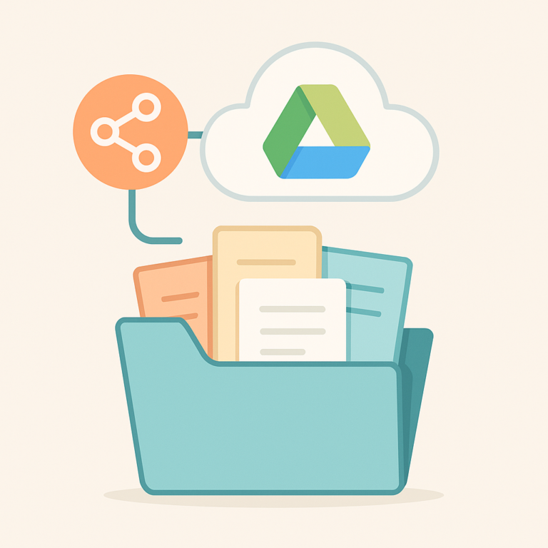 Dossier contenant des fichiers connectés à une icône Google Drive via un symbole de flux automatisé, sur fond clair, style flat design minimaliste.
