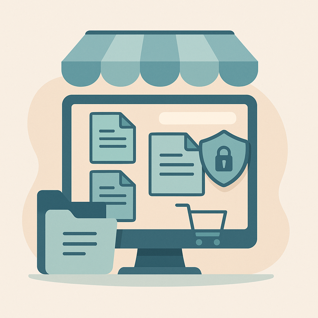 Illustration d’un écran avec des documents, une icône de sécurité et un panier, représentant la centralisation de livrables dans un espace sécurisé sur une boutique en ligne.