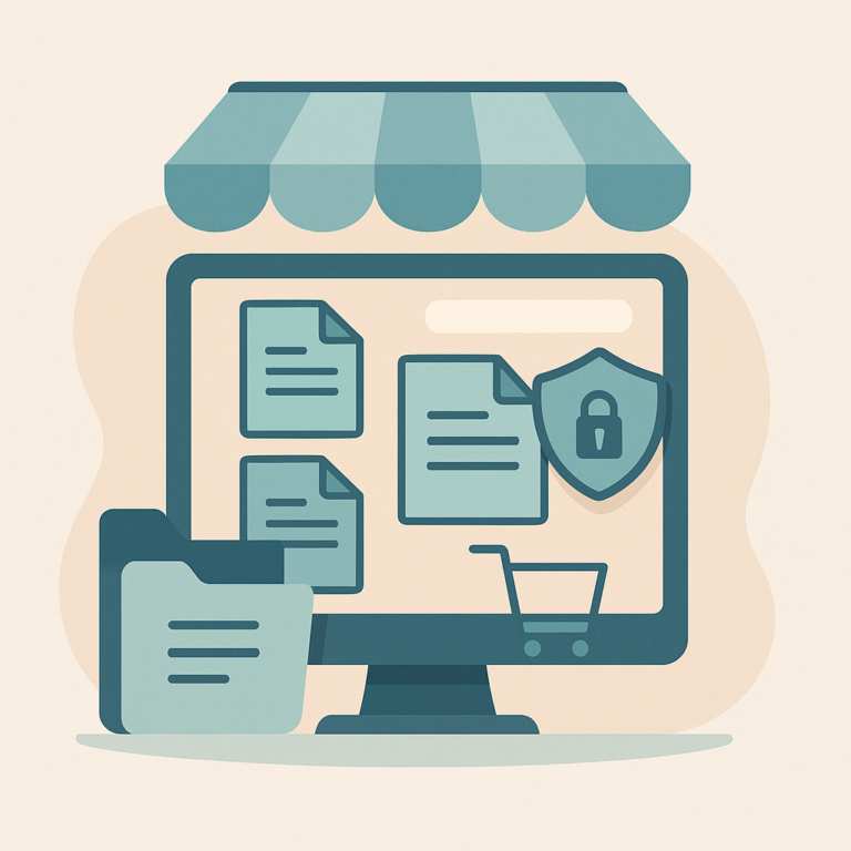 Illustration d’un écran avec des documents, une icône de sécurité et un panier, représentant la centralisation de livrables dans un espace sécurisé sur une boutique en ligne.