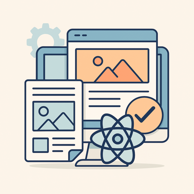 Illustration vectorielle d’un écran avec éléments de maquette web, logo React et badge de validation, sur fond neutre.