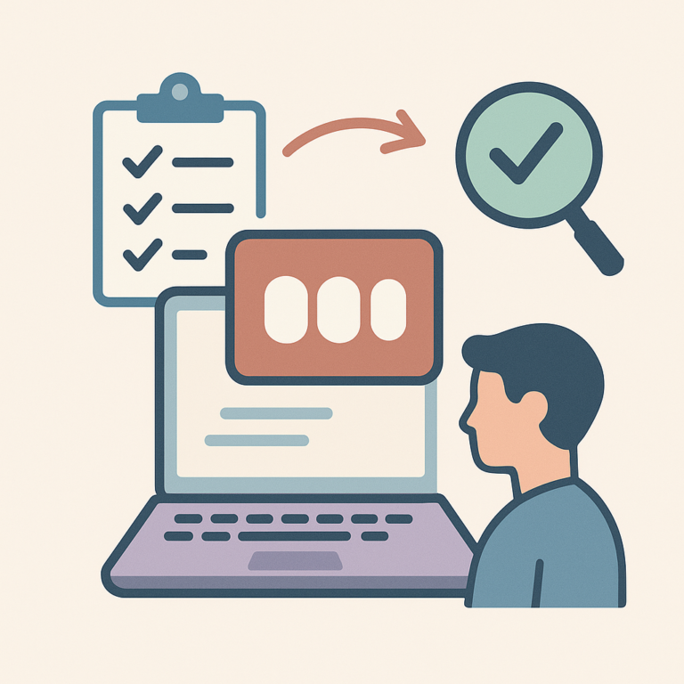 Illustration minimaliste représentant un ordinateur portable, une loupe, une checklist et un personnage, symbolisant l’analyse des avantages et des limites de l’externalisation de projets COBOL.