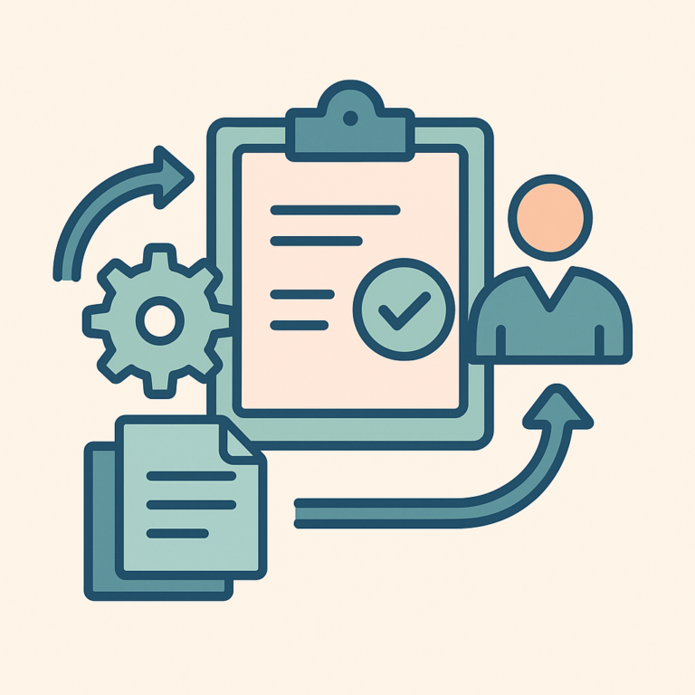 Illustration vectorielle représentant l’automatisation de la validation des livrables dans les projets externes, en flat design.