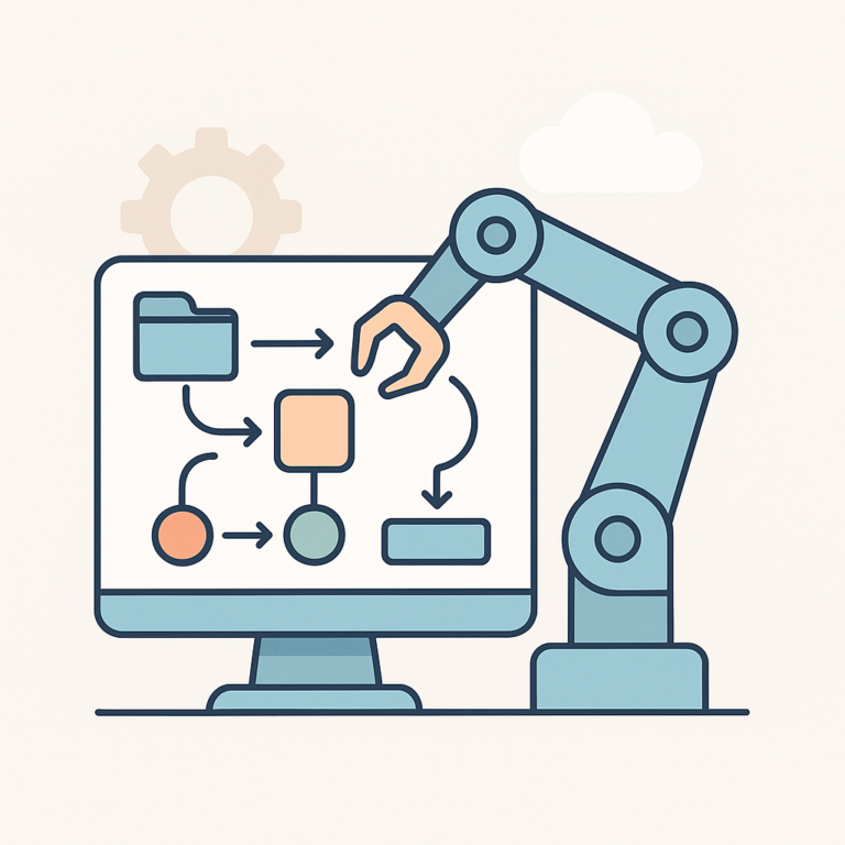 Illustration vectorielle d’un bras robotisé automatisant un organigramme sur écran, représentant l’automatisation des processus métiers sans développement.