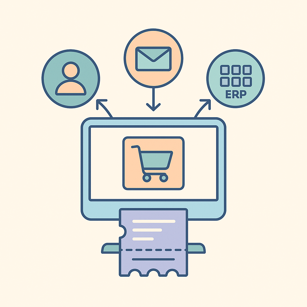 Illustration d’un écran avec un panier connecté à des icônes représentant CRM, ERP et messageries, illustrant la synchronisation automatique des tickets via myFlow.