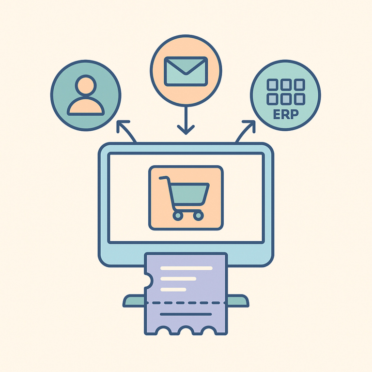 Illustration d’un écran avec un panier connecté à des icônes représentant CRM, ERP et messageries, illustrant la synchronisation automatique des tickets via myFlow.