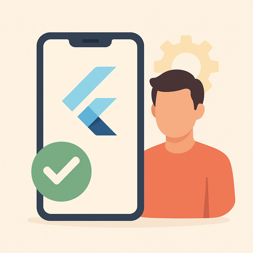 Illustration flat design d’un développeur Flutter validé, avec smartphone, check vert et rouage