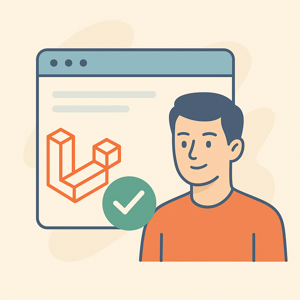 Illustration d’un développeur Laravel validé techniquement, devant une fenêtre de navigateur avec une icône Laravel et un symbole de validation, style flat design.