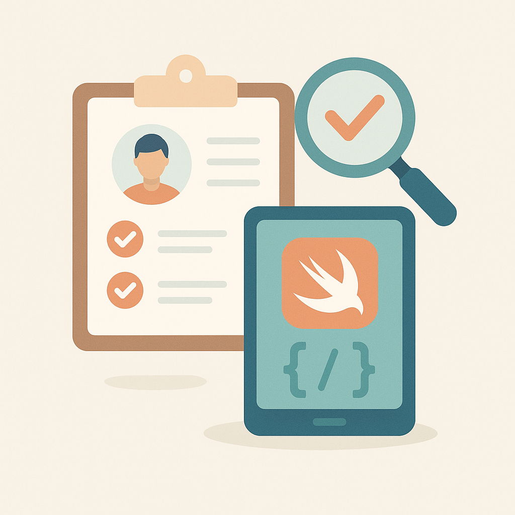 Illustration vectorielle flat design représentant le recrutement d’un développeur Swift iOS avec test technique, incluant une tablette, un CV et une loupe.
