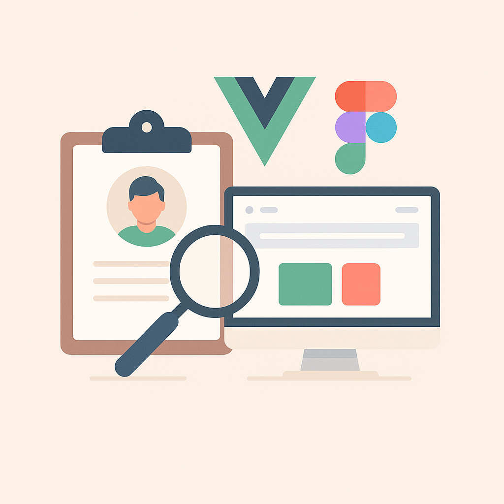 Illustration d’un recrutement Vue.js avec test Figma : une loupe sur un profil candidat, un écran avec interface design, icônes Vue.js et Figma. Style vectoriel minimaliste.