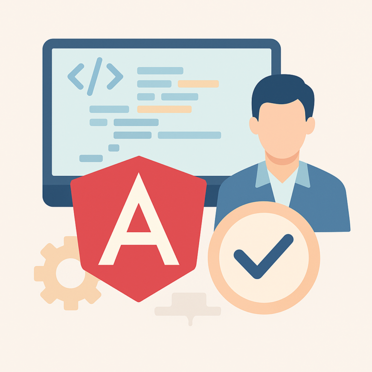 Illustration vectorielle représentant un développeur Angular vérifié, avec écran de code, icône Angular, badge de validation et style flat design