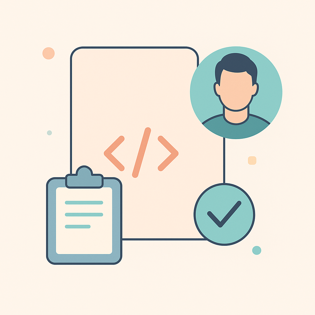 Illustration d’un document HTML avec balises de code, un développeur, une fiche validée et une coche, sur fond clair et style minimaliste vectoriel.