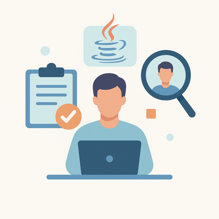 Illustration flat design montrant un développeur à son ordinateur, entouré d’icônes de recrutement, d’une loupe de profil et d’un symbole Java.