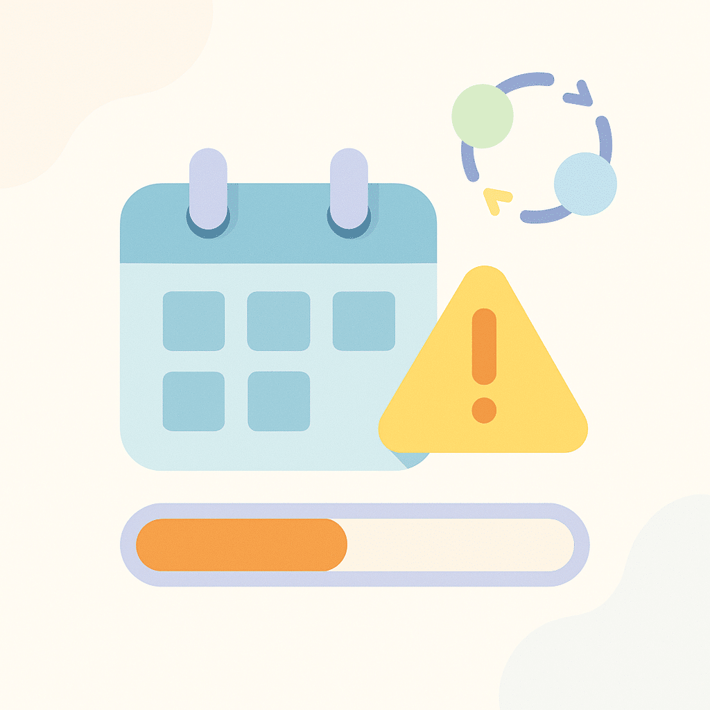 Illustration minimaliste en flat design d’un calendrier, d’un panneau d’alerte jaune et d’une barre de progression, symbolisant un système d’alerte en cas de retard dans un projet