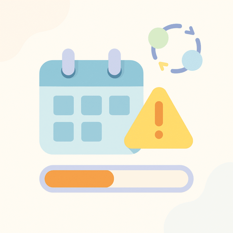 Illustration minimaliste en flat design d’un calendrier, d’un panneau d’alerte jaune et d’une barre de progression, symbolisant un système d’alerte en cas de retard dans un projet