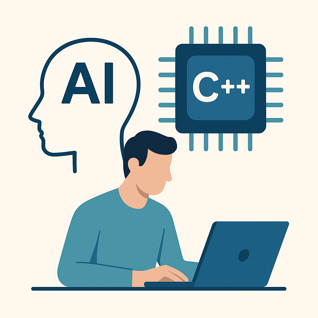 Développeur IA C++ travaillant sur traitement embarqué, avec puce électronique et icône IA en style minimaliste.