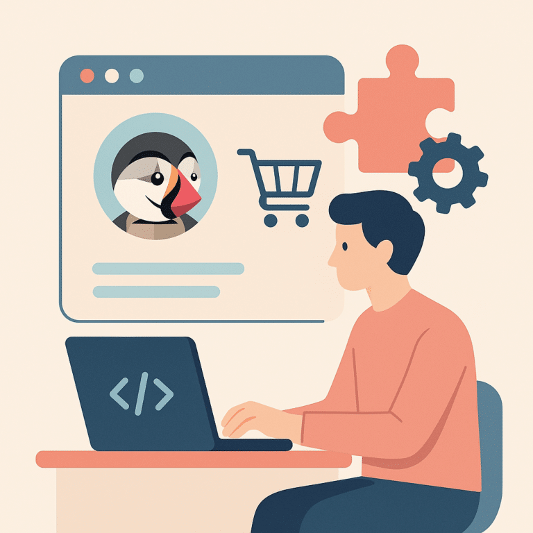 Développeur Prestashop travaillant sur un module sur-mesure, illustré en flat design avec ordinateur portable, icônes e-commerce et fond clair.