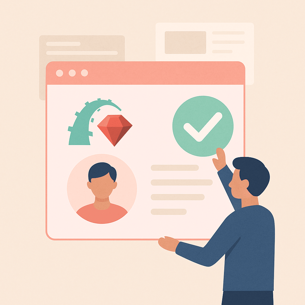 Illustration vectorielle au style flat design représentant un profil Ruby on Rails avec validation par coche verte, adaptée à la présentation d’un service de refonte ou de création de MVP.