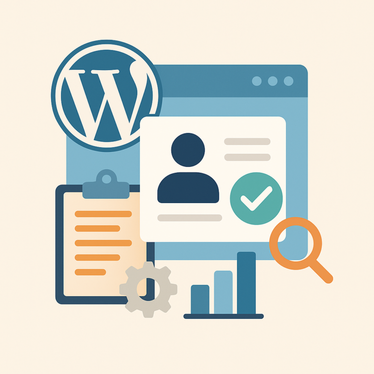 Illustration vectorielle montrant un processus de recrutement WordPress avec profil utilisateur validé, icône WordPress, graphique SEO et test sur ACF