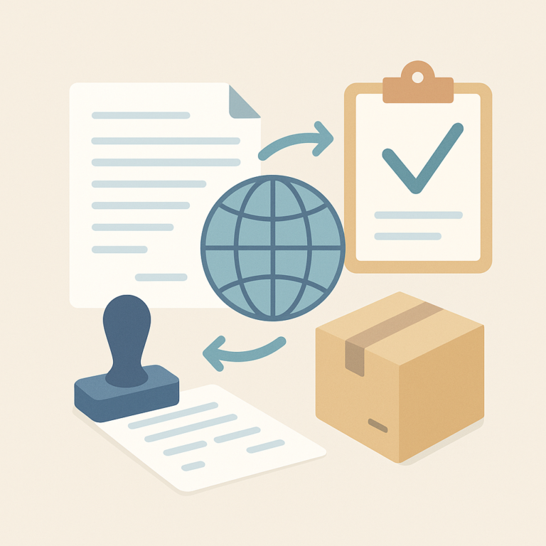 Illustration flat design d’éléments liés aux documents douaniers : globe, tampons, colis et formulaires administratifs.