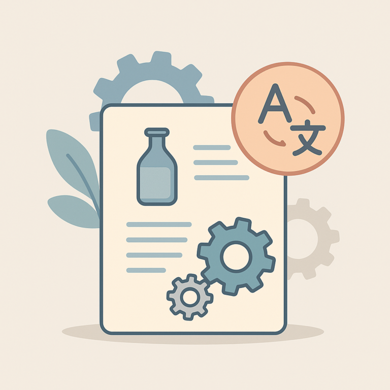 Illustration vectorielle d’un document technique avec engrenages et icône de traduction pour représenter la traduction de fiche technique produit.