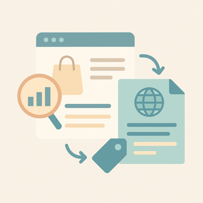 Illustration vectorielle d’une page produit avec icône de sac, loupe SEO et document multilingue, représentant la traduction de fiches produit SEO.