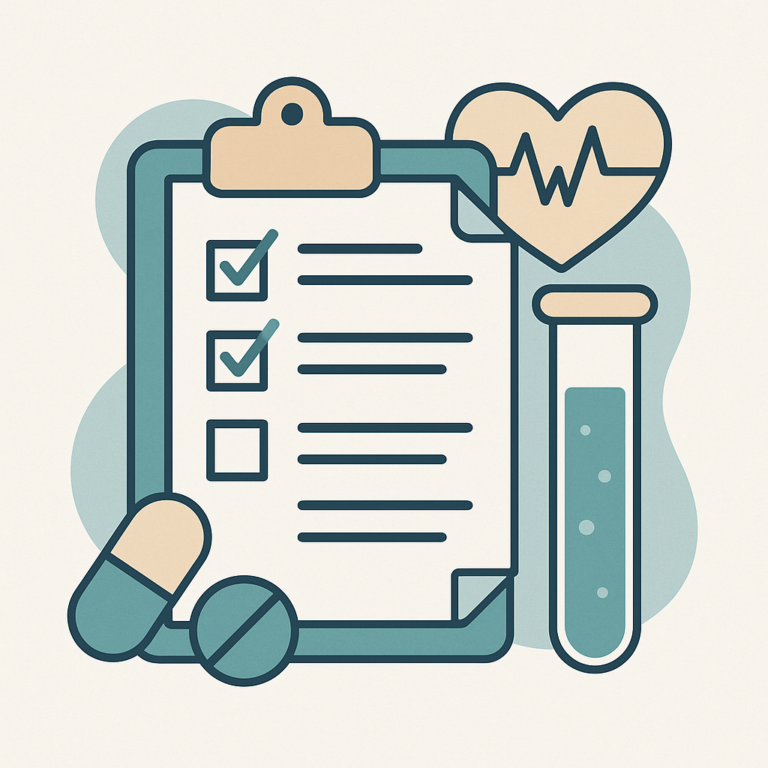 Illustration professionnelle en flat design montrant des documents médicaux symbolisant la traduction de formulaires d’essai thérapeutique, fond neutre et palette douce.