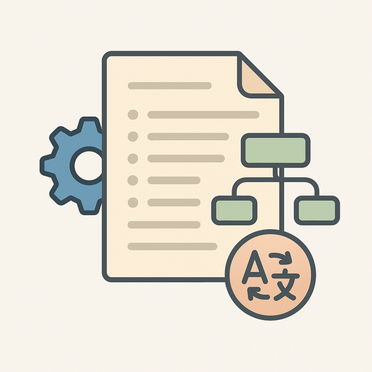 Illustration vectorielle d’un document, d’un engrenage et d’un organigramme associés à une icône de traduction, représentant la traduction de procédures internes d’entreprise.