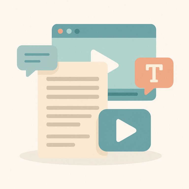 Illustration vectorielle d’un document de script, d’un écran vidéo et de bulles de traduction, représentant la traduction de scripts vidéo institutionnelle.