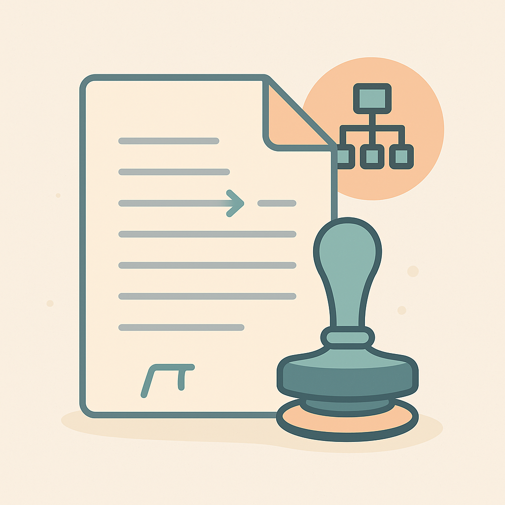 Illustration vectorielle d’un document avec tampon et organigramme pour représenter la traduction de statuts d’entreprise.